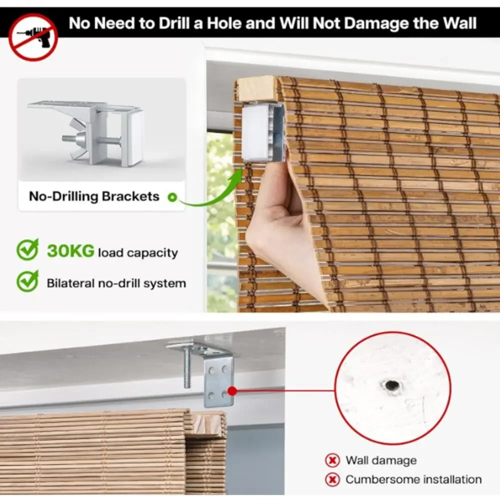LazBlinds No-Drill Cordless Roman Shade - Light Filtering Natural Wood
